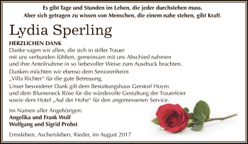Traueranzeige von Lydia Sperling von Super Sonntag Aschersleben
