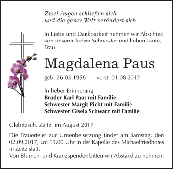 Traueranzeige von Magdalena Paus von Mitteldeutsche Zeitung Zeitz