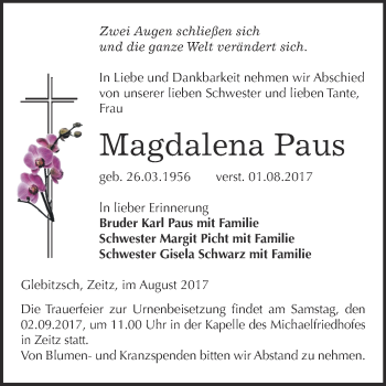 Traueranzeige von Magdalena Paus von Super Sonntag Zeitz