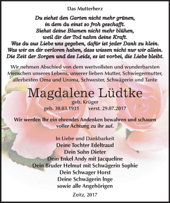 Traueranzeige von Magdalene Lüdtke von Mitteldeutsche Zeitung Zeitz