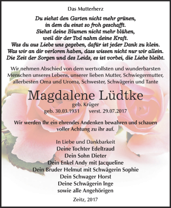 Traueranzeige von Magdalene Lüdtke von Super Sonntag Zeitz