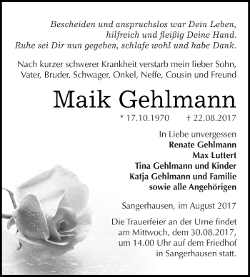 Traueranzeige von Maik Gehlmann von Super Sonntag SGH Mansf. Land