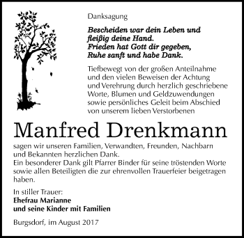 Traueranzeige von Manfred Drenkmann von Mitteldeutsche Zeitung Mansfelder Land
