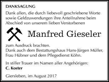 Traueranzeige von Manfred Gieseler von Mitteldeutsche Zeitung Aschersleben