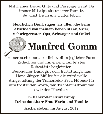 Traueranzeige von Manfred Gomm von Super Sonntag Aschersleben
