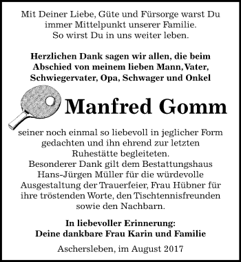 Traueranzeige von Manfred Gomm von Mitteldeutsche Zeitung Aschersleben