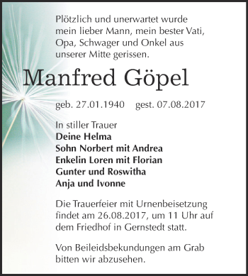 Traueranzeige von Manfred Göpel von WVG - Wochenspiegel NMB / WSF / ZTZ