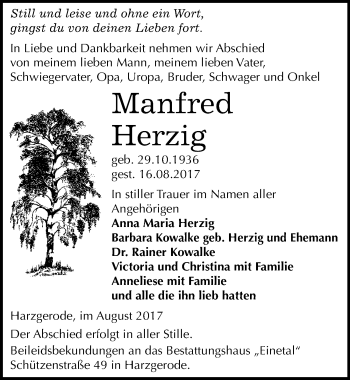 Traueranzeige von Manfred Herzig von Mitteldeutsche Zeitung Quedlinburg