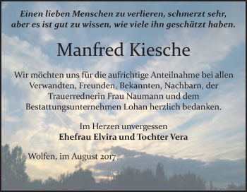 Traueranzeige von Manfred Kiesche von WVG - Wochenspiegel Bitterfeld