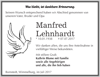 Traueranzeige von Manfred Lehnhardt von Wochenspiegel Mansfelder Land