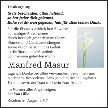 Traueranzeige von Manfred Masur von WVG - Wochenspiegel Bitterfeld