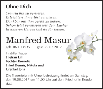 Traueranzeige von Manfred Masur von Mitteldeutsche Zeitung Bitterfeld