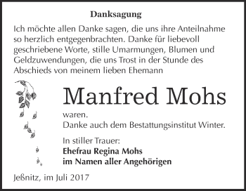 Traueranzeige von Manfred Mohs von WVG - Wochenspiegel Bitterfeld