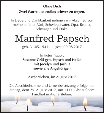 Traueranzeige von Manfred Papsch von Mitteldeutsche Zeitung Aschersleben