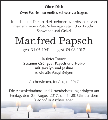 Traueranzeige von Manfred Papsch von Super Sonntag Aschersleben
