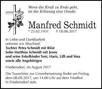 Traueranzeige von Manfred Schmidt von Mitteldeutsche Zeitung Merseburg/Querfurt