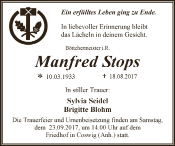 Traueranzeige von Manfred Stops von WVG - Wochenspiegel Dessau / Köthen