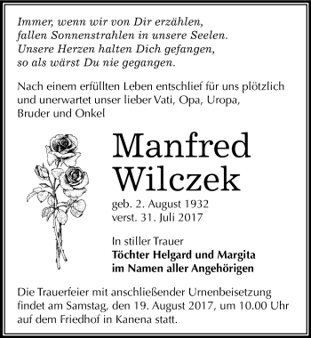 Traueranzeige von Manfred Wilczek von Mitteldeutsche Zeitung Halle/Saalkreis