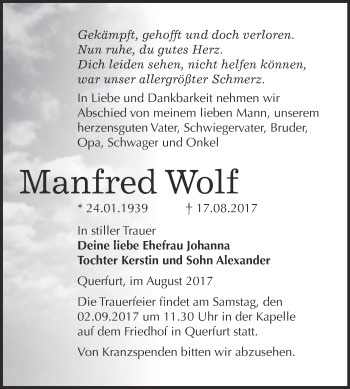 Traueranzeige von Manfred Wolf von WVG - Wochenspiegel Merseburg