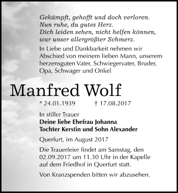 Traueranzeige von Manfred Wolf von Mitteldeutsche Zeitung Merseburg/Querfurt
