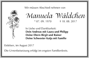 Traueranzeige von Manuela Wäldchen von Mitteldeutsche Zeitung Mansfelder Land