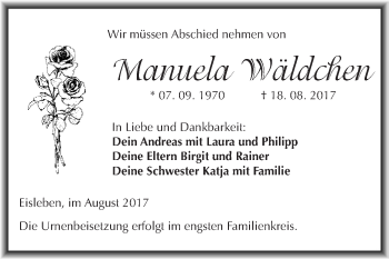 Traueranzeige von Manuela Wäldchen von Wochenspiegel Mansfelder Land