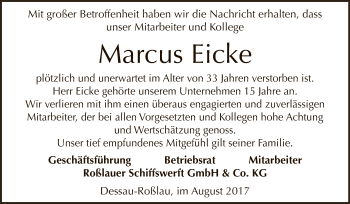 Traueranzeige von Marcus Eicke von WVG - Wochenspiegel Dessau / Köthen
