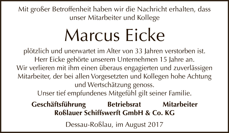  Traueranzeige für Marcus Eicke vom 05.08.2017 aus WVG - Wochenspiegel Dessau / Köthen