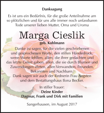 Traueranzeige von Marga Cieslik von Mitteldeutsche Zeitung Sangerhausen
