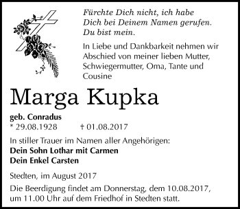 Traueranzeige von Marga Kupka von Mitteldeutsche Zeitung Mansfelder Land