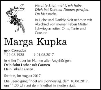 Traueranzeige von Marga Kupka von Wochenspiegel Mansfelder Land