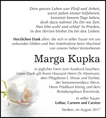 Traueranzeige von Marga Kupka von Super Sonntag SGH Mansf. Land
