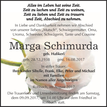Traueranzeige von Marga Schimurda von WVG - Wochenspiegel Merseburg