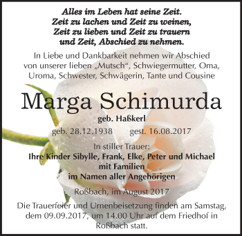 Traueranzeige von Marga Schimurda von Mitteldeutsche Zeitung Merseburg/Querfurt