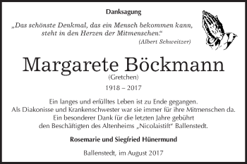 Traueranzeige von Margarete Böckmann von WVG - Wochenspiegel Quedlinburg