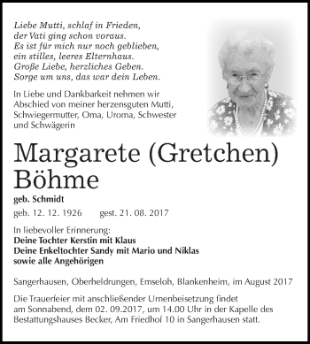 Traueranzeige von Margarete Böhme von Super Sonntag SGH Mansf. Land