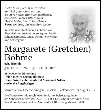 Traueranzeige von Margarete Böhme von Mitteldeutsche Zeitung Sangerhausen