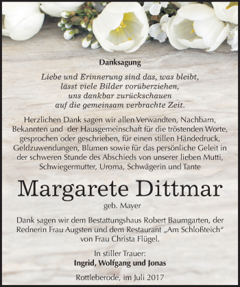 Traueranzeige von Margarete Dittmar von Mitteldeutsche Zeitung Sangerhausen