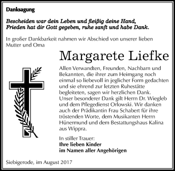 Traueranzeige von Margarete Liefke von Mitteldeutsche Zeitung Mansfelder Land
