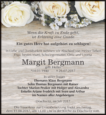 Traueranzeige von Margit Bergmann von Mitteldeutsche Zeitung Zeitz