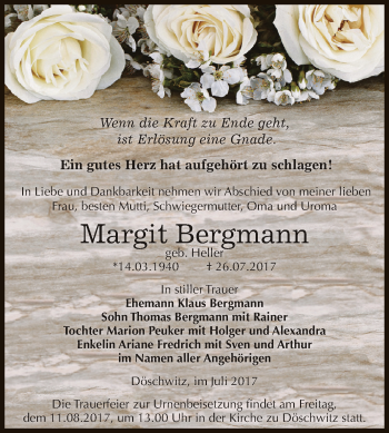 Traueranzeige von Margit Bergmann von Super Sonntag Zeitz