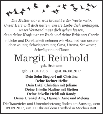 Traueranzeige von Margit Reinhold von WVG - Wochenspiegel Wittenberg