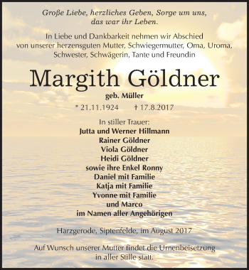 Traueranzeige von Margith Göldner von Mitteldeutsche Zeitung Quedlinburg
