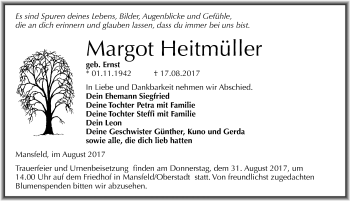 Traueranzeige von Margot Heitmüller von Mitteldeutsche Zeitung Mansfelder Land