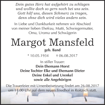 Traueranzeige von Margot Mansfeld von WVG - Wochenspiegel Bitterfeld