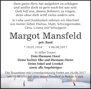Traueranzeige von Margot Mansfeld von Mitteldeutsche Zeitung Bitterfeld