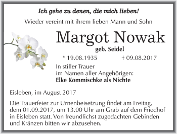 Traueranzeige von Margot Nowak von Mitteldeutsche Zeitung Mansfelder Land