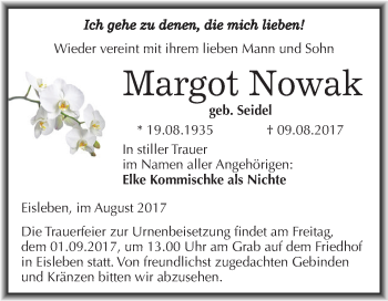 Traueranzeige von Margot Nowak von Wochenspiegel Mansfelder Land