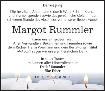 Traueranzeige von Margot Rummler von Mitteldeutsche Zeitung Halle/Saalkreis
