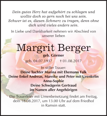 Traueranzeige von Margrit Berger von Mitteldeutsche Zeitung Bitterfeld